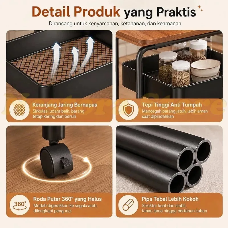 Rak Troli Susun 3 Tingkat Beroda, Baja Karbon — EchoCraft MALL
